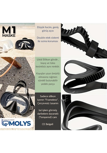 Molys M1 Dalış Maskesi + Antı Fog Buğu Önleyici Film Mavi