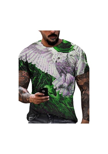 Yeşil Yeni Yaz Erkek Moda T-shirt Kişilik Uçan Kartallar Baskılı Erkek T-shirt Üst Yeşil