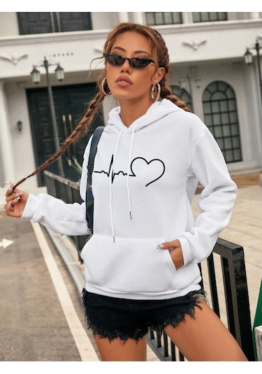 Kadın Kalp Çizgi Baskılı Oversize Beyaz Kapşonlu Sweatshirt Beyaz