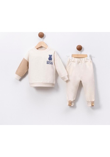 Ayıcık Baskılı Bisiklet Yaka Düğme Detaylı 2'li Bebek Takım Beyaz