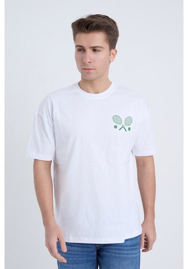 Velvoria Unisex Oversize Relaxed Tennis Baskılı Beyaz Renk T-shirt