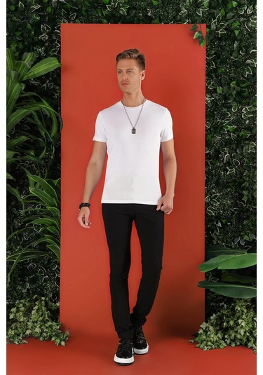 Slim Fit Bisiklet Yaka Düz Pamuklu Beyaz Tişört Ts 823 Beyaz