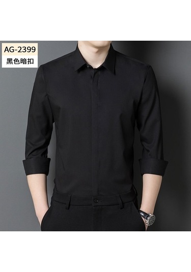 Yingfu Erkekler İçin Gizli Düğmeli, Uzun Kollu, Tek Renkli, Esnek İş Kıyafeti Gömlek, Siyah Moda Kişisel Giyim Siyah