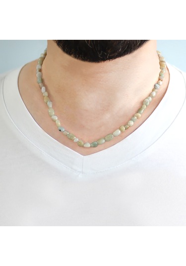Silver Renk Metal Zincirli Amorf Amazonit Doğaltaş Erkek Kolye Gümüş