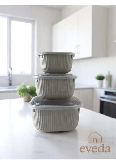 Eveda Snaplid Line Kare Üçlü Set Bej-2 Bej