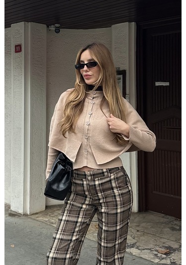 Bej Pelerin Detaylı Triko Hırka - 1317 Bej