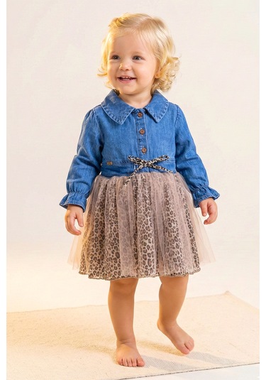 Babymod Denim Leopar Desenli Şık Özel Gün Kız Bebek Elbise Bej