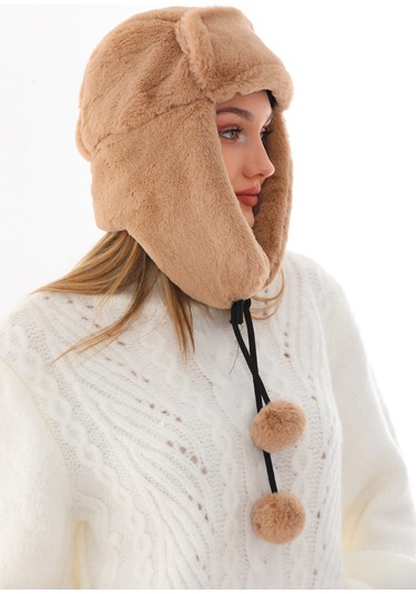 Kadın Sütlu Kahve Kürklü Kulaklıklı Peluş Şapka Sütlü Kahverengi