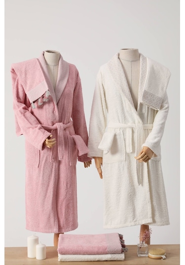 Nurpak Safir Pamuklu Aile Bornoz Seti - Krem - Gül Kurusu Gül Kurusu - Krem