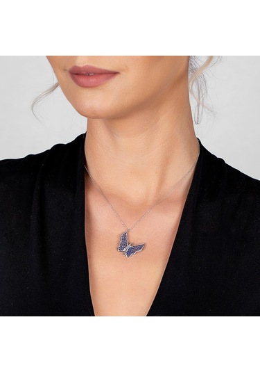 Mavi Zirkon Taşlı Zarif Tasarım 925 Ayar Gümüş Kelebek Kolye (459601781)