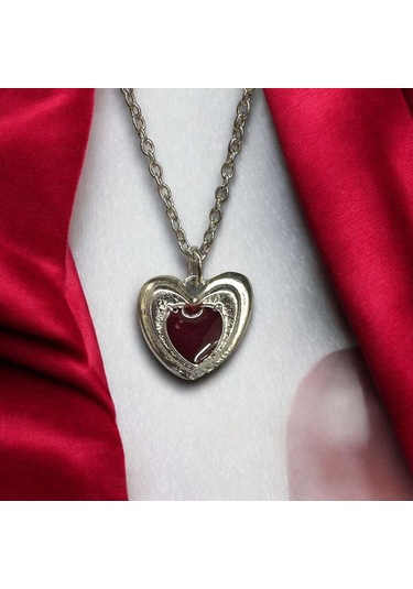 Kalp Mineli Kadın Detaylı Kırmızı Gümüş Kolye 60 Cm Zincir Çok Renkli