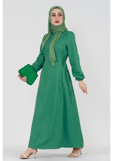 Yanı Bağcıklı Keten Elbise-yeşil-3369-kiremit Kiremit