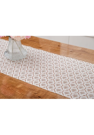 Finezza Melisa Damask Baskılı Duck Kumaş Kreme Kahve Runner 40x140 cm  - 1419