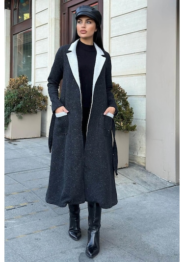 Siyah Çift Taraflı Kruvaze Yaka, Kuşaklı, Yumoş Dokulu, Duble Kaşe Uzun Ceket Siyah