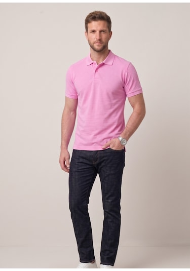 Nacar Store Erkek Yakalı Düğmeli Beyaz T-shirt Pembe