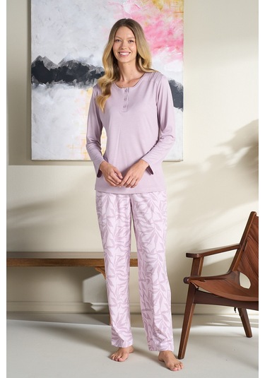 Büyük Beden Kadın Penye Uzun Kol Pijama Takımı 3116 Mor Mor