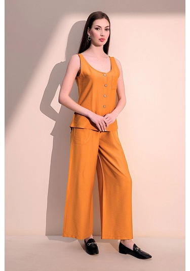 Kadın Hardal Kalın Askılı Keten Bluz, Yuvarlak Yaka Ve Düğmeli Kolsuz Gömlek Atlet HARDAL