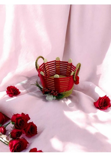 Çok Amaçlı Sepet Hasır El Yapımı Organizer Takı Kutusu Komodin Makyaj Banyo Kırmızı