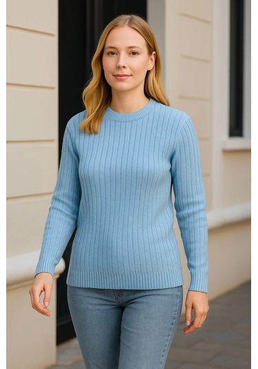 Bisiklet Yuvarlak Yaka Triko Kazak Pamuklu Kalın Fitilli Dokuma, Regular Fit Uzun Kollu Kışlık Model - Bebe Mavisi Bebe Mavisi