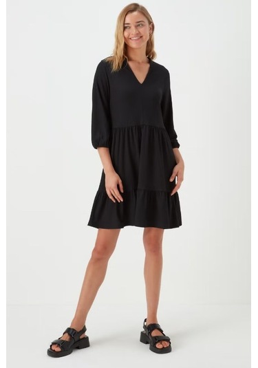 Kadın Siyah Jarse V Yaka Truvakar Kol Mini Elbise 2475 Siyah
