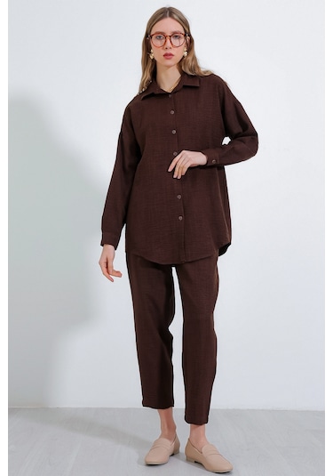Bigdart Kadın Kahverengi Oversize Keten Alt Üst Takım 6622 6622bgd19-002-14380 001