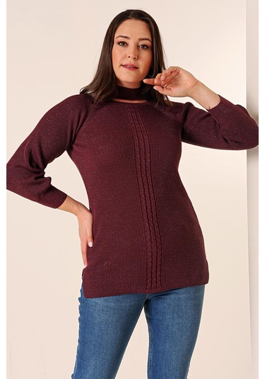 Boyun Dekolteli Saç Örgülü Desen Büyük Beden Spor Tunik Kazak-35211 - Mor