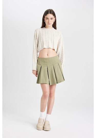 Defacto Coool Piliseli Normal Bel Basic Düz Gabardin Mini Etek D5265AX24AUKH461 Haki