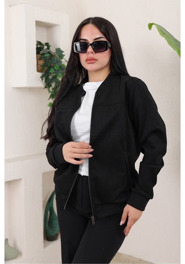 Bomber Kolej Su Geçirmez Ceket Siyah Süet