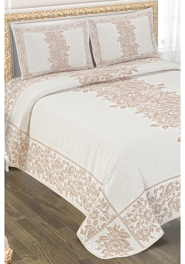 DELÜX DİAMOND MODEL 3 PARÇA YASTIKLI YATAK ÖRTÜSÜ PİKE TAKIMI Bej - Krem