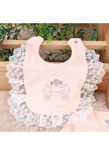 Çiçekli Araba Nakışlı Dantelli 5'li Kız Bebek Hastane Çıkışı 0-3 Ay Somon Somon