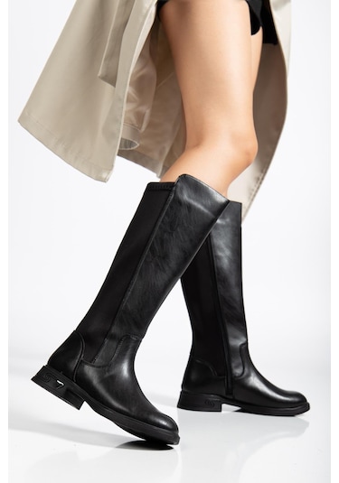 Siyah Kadın Çizme Düz Taban Streç Fermuarlı-4331 Siyah