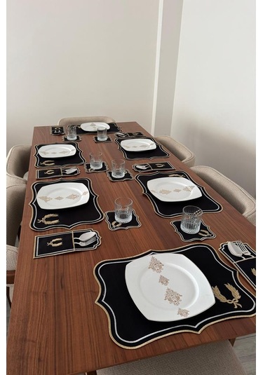 Edalım Keten Nakışlı Amerikan Servis Takımı 19 Parça Siyah Siyah