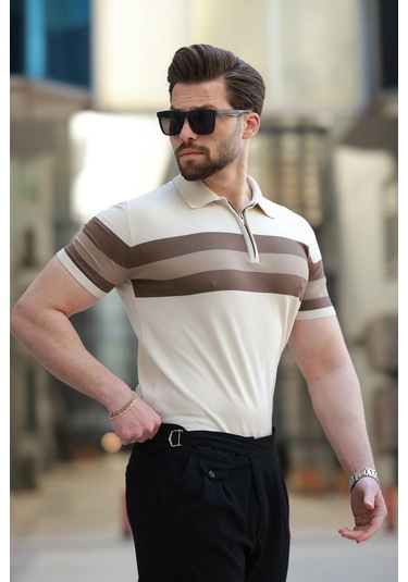 Madmext Taba Fermuarlı Polo Yaka Çizgili Erkek Tişört E7406 Taba