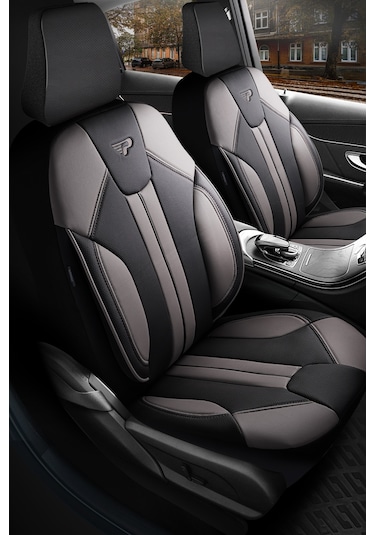 Siyah - Gri Panda Carlone Serisi Ful Deri Oto Koltuk Kılıfı - Tam Set