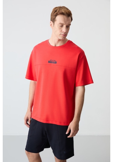 Fiesta - Lacivert Pamuklu Kalın Yumuşak Dokulu Oversize Fit Basic Erkek Şort Takım - 85259 Kırmızı