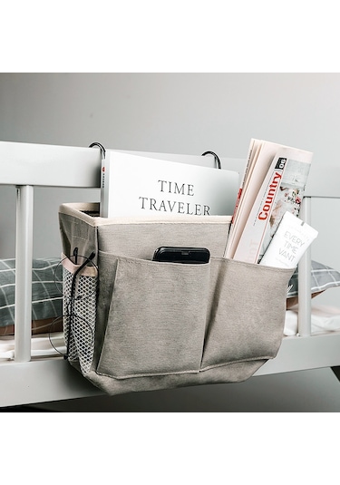 Vkemall Yatak Başı Asma Çantası - Üst Kat Düzenleyici, Dayanıklı Kumaş, Pratik Depolama Çözümü Koyu Gri - Kumaş Asılı Sepet