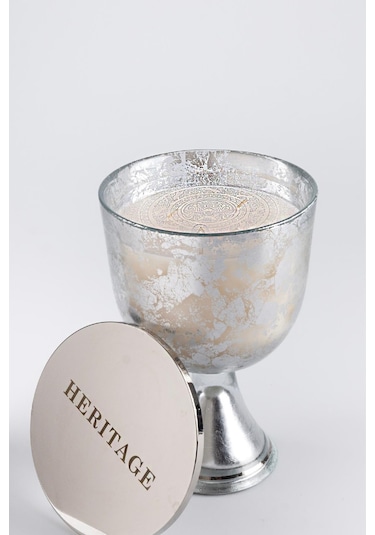 Gümüş Varak Eskitme Ayaklı Cam Mumluk Kokusuz Mum Yazı Kapaklı Büyük 24.5x15 Cm