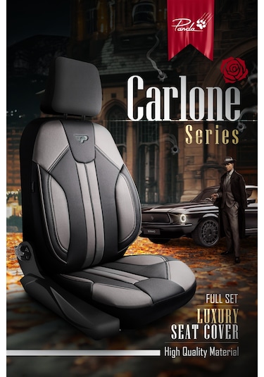 Siyah - Gri Panda Carlone Serisi Ful Deri Oto Koltuk Kılıfı - Tam Set