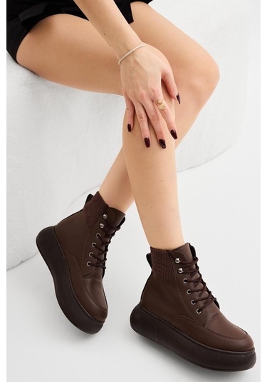 Kalın Poli Taban Lastik Boğazlı Bağcıklı Kadın Kahve Cilt Günlük Bot Tbrds005 Kahve Cilt