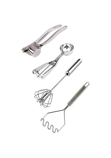 Paslanmaz Çelik Sarımsak Ezici, Dondurma Kaşığı, Çırpıcı Ve Patates Ezici Gri
