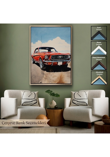Ahşap Çerçeveli Kırmızı Mustang Tablo-7971