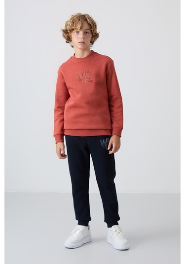 Tommy Life Kiremit-lacivert Pamuklu Kalın İçi Tüylü Yumuşak Dokulu Standart Fit Baskılı Erkek Çocuk Eşofman Ta Kiremit