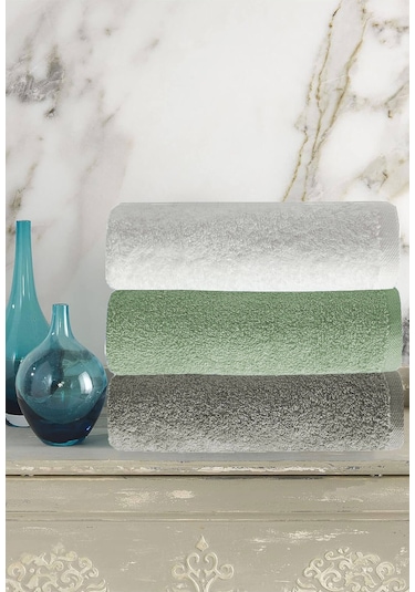 3 Lü Renkli El Yüz Havlu Seti %100 Pamuklu Natural Harmony Yeşil