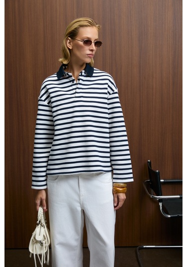 Grımelange Muse Kadın Çizgili Triko Polo Yakalı Regular Fit Lacivert Sweatshirt Lacivert