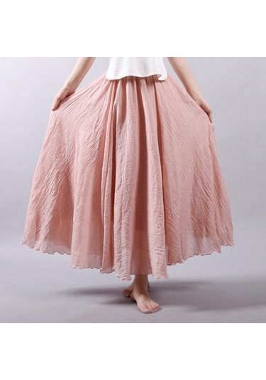 Kadın Zarif Yüksek Bel Keten Maxi Etek Yaz Bayanlar Rahat Elastik Bel 2 Katmanlar Etekler Saia Feminina Pembe