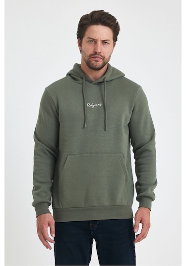 3 İp Şardonlu Kapuşonlu Baskılı Cepli Sweatshirt 5281 Haki