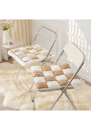 Springsun Kışlık Kaliteli Yumuşak Kürklü Sandalye Yastığı - Ofis, Üniversite Dormitoru İçin Kalın, Kaymazsız, Bantlı 45x45cm, Hafif Kahve Diğer