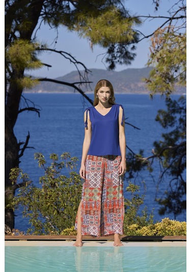 Monamise Kadın Etnik Desenli Yırtmaçlı V Yaka Askılı Alt Üst Takım 25029 Saks