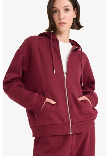 Defacto Relax Fit Kapüşonlu Basic Düz Kalın Fermuarlı Sweatshirt C1809ax25aubr115 Bordo