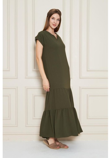 Kadın Uzun Eteği Fırfırlı Kısa Kol Apolet Detaylı Salaş Günlük Rahat Elbise 3761366 Haki
